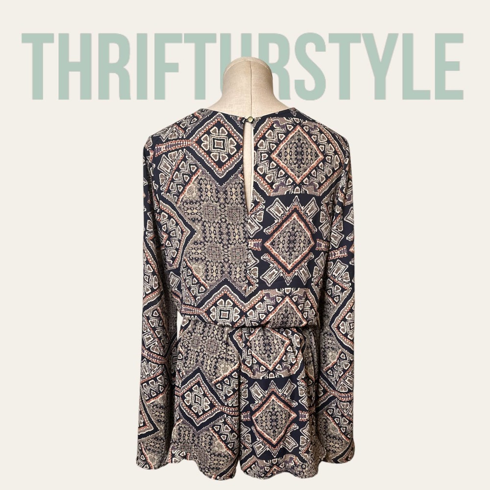 fab'rik Navy‎ Blue Geometric Print Long Sleeve Romper Boho V-Neck Small - Picture 2 of 9